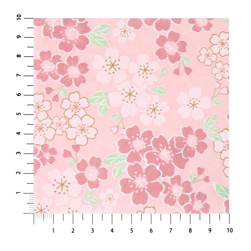 grande feuille papier japonais, YUZEN WASHI, rose et vert, Fleurs de cerisier en pleine floraison