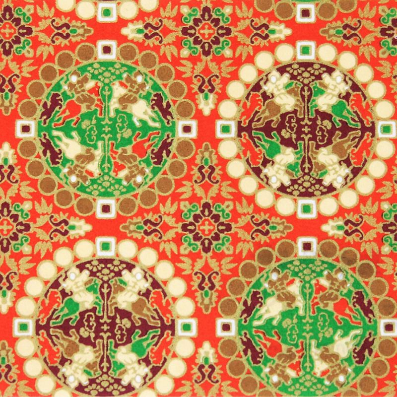 grande foglio di carta giapponese, YUZEN WASHI, rosso, motivo Shosoin caccia al leone