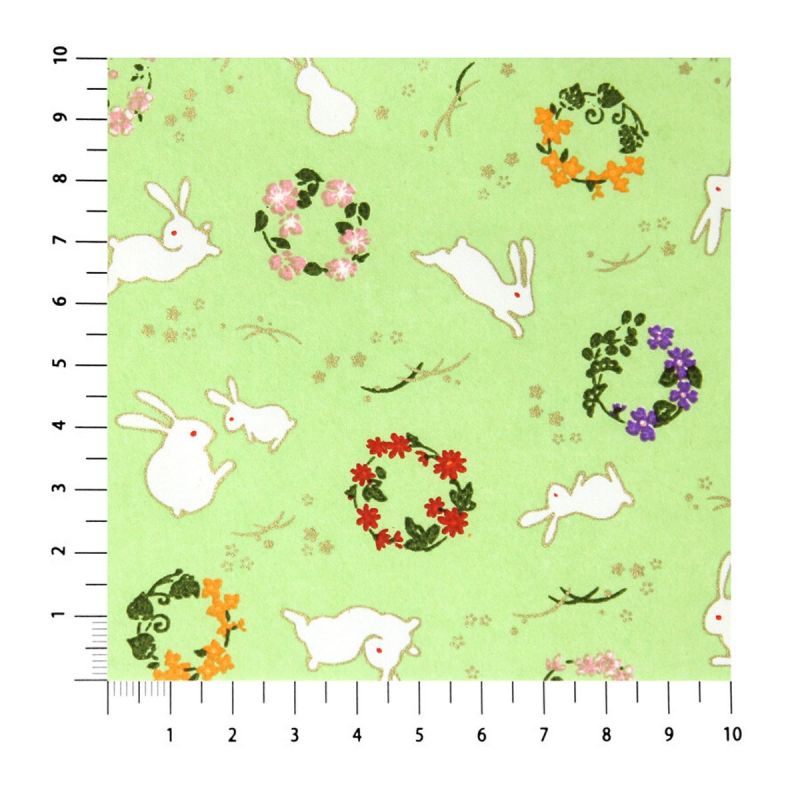 grande feuille papier japonais, YUZEN WASHI, vert, motif lapin et fleur.