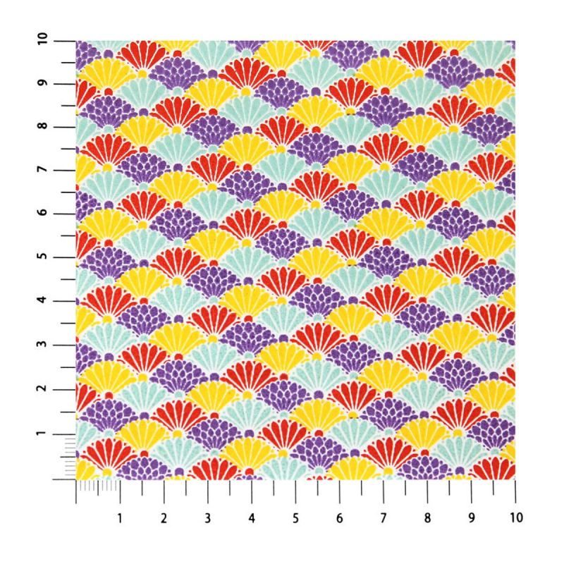 hoja grande de papel japonés, YUZEN WASHI, violeta rojo amarillo turquesa, ondas de crisantemos