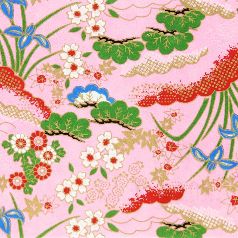 feuille papier japonais A4, YUZEN WASHI, rouge, Carrosse de fleurs et brume précieuse
