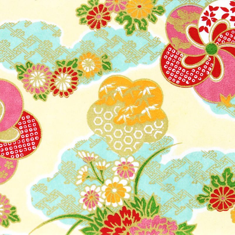 feuille papier japonais A4, YUZEN WASHI, jaune et turquoise, Kumochiri avec les motifs fleurs