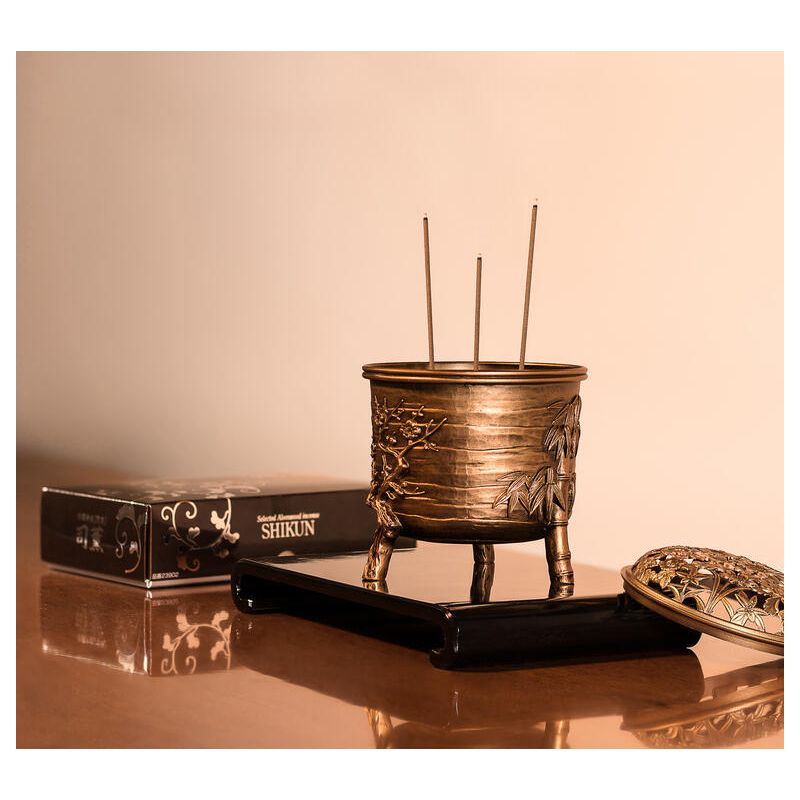 Japanese bronze incense burner, MATSU TAKAOKA, plum pine and bamboo