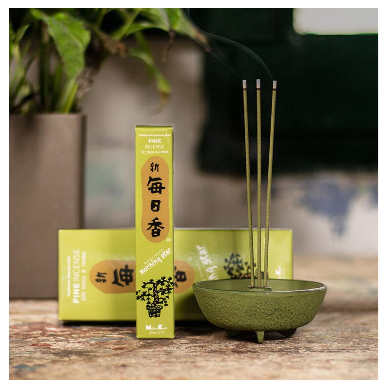 Boîte 50 bâtons d'encens japonais avec son support en céramique, MORNING STAR PINE, parfum pin