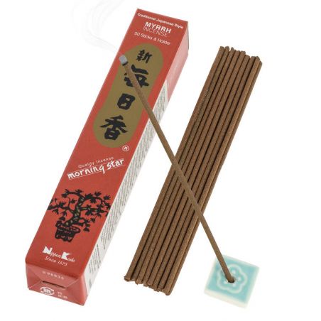 Boîte 50 bâtons d'encens japonais avec son support en céramique, MORNING STAR MYRRH, parfum Myrrhe