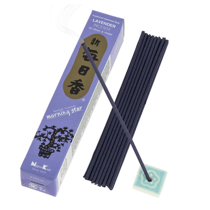 Boîte 50 bâtons d'encens japonais avec son support en céramique, MORNING STAR LAVENDER, parfum lavande