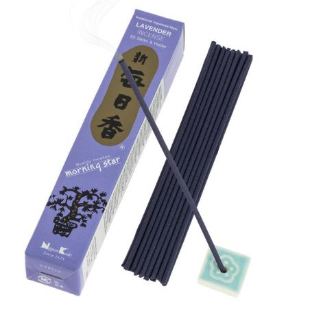 Boîte 50 bâtons d'encens japonais avec son support en céramique, MORNING STAR LAVENDER, parfum lavande