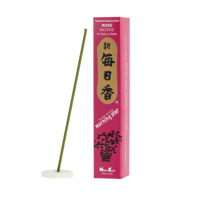 Boîte 50 bâtons d'encens japonais avec son support en céramique, MORNING STAR ROSE, parfum rose