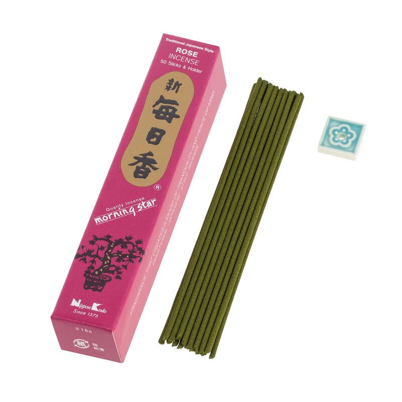 Boîte 50 bâtons d'encens japonais avec son support en céramique, MORNING STAR ROSE, parfum rose