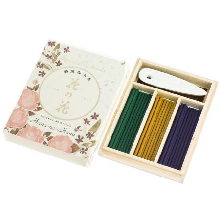 Etui en bois avec 30 bâtonnets et porte encens, HANA NO HANA EXCELLENT, Rose, Lys et Violette