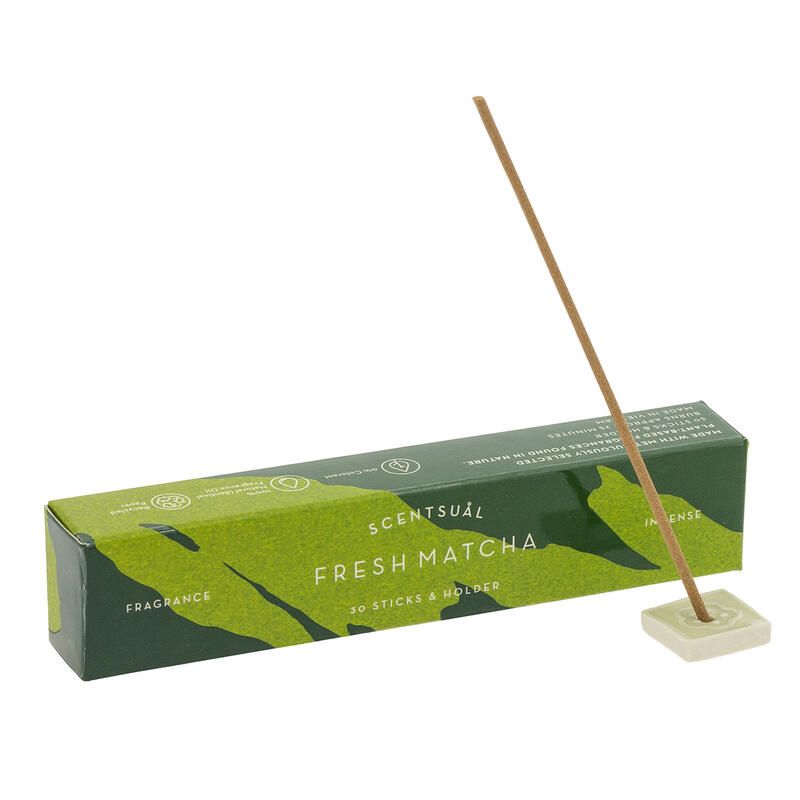 Boîte de 30 bâtons d'encens avec porte encens, SCENTSUAL FRESH GREEN TEA, Thé Vert
