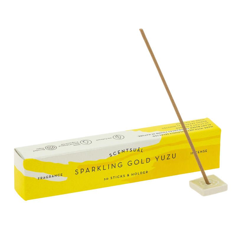 Caja de 30 varitas de incienso con porta incienso, YUZU SPENTS SPORKLING GOLD SCENTUAL, Lemon Yuzu