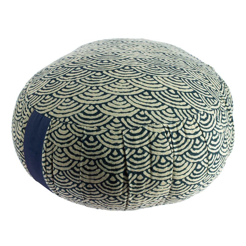 Coussin de méditation rond bleu motif vagues japonaises, ZAFU SEIGAIHA, 33 cm