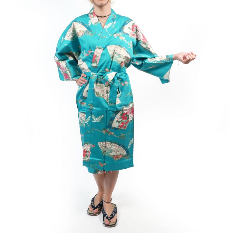 Traditioneller japanischer Happi-Kimono aus türkisfarbener Baumwolle mit Kranichmuster für Damen, HAPPI YUKATA TSURU