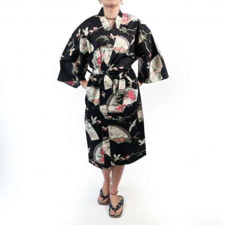 Traditioneller japanischer Happi-Kimono aus schwarzer Baumwolle mit Kranichmuster für Damen, HAPPI YUKATA TSURU