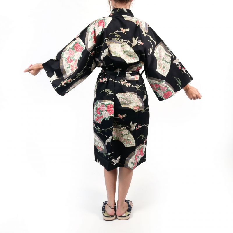 Kimono happi traditionnel japonais noir en coton motif grue pour femme, HAPPI YUKATA TSURU