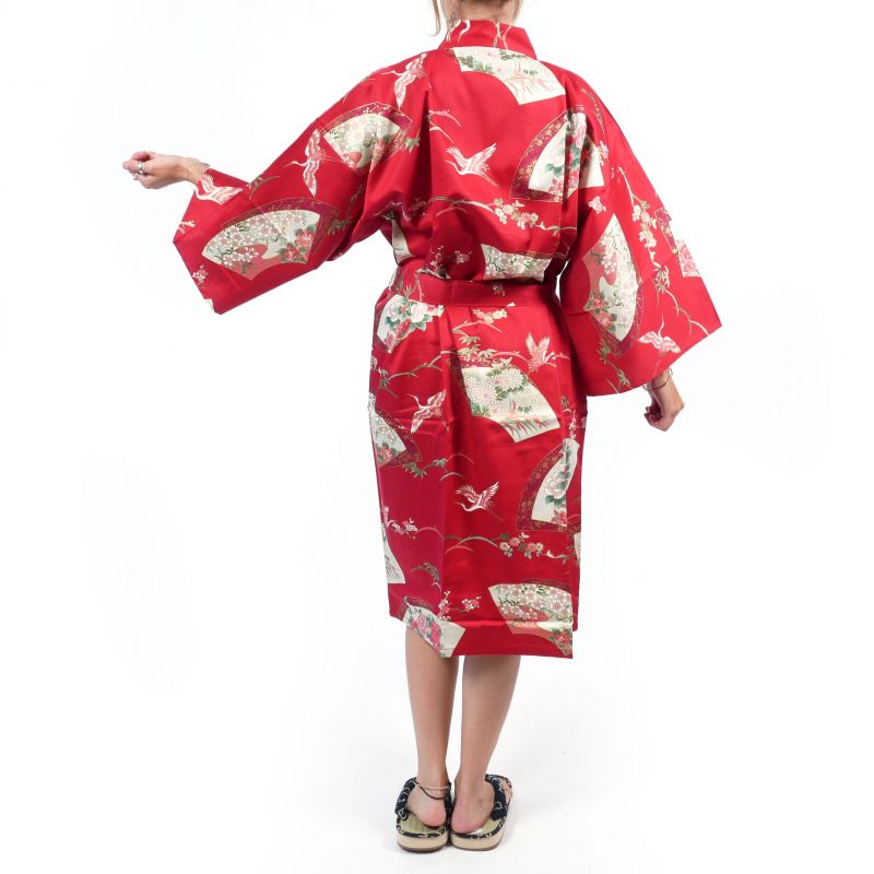 Kimono happi tradizionale giapponese in cotone rosso con motivo gru da donna, HAPPI YUKATA TSURU