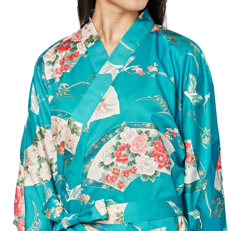 Kimono yukata traditionnel japonais turquoise en coton motif grues pour femme, YUKATA TSURU