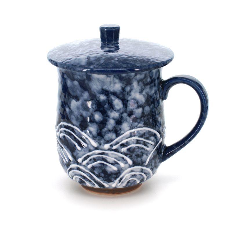 Japanese traditional tea cup with lid, black and blue, SEIGAIHA