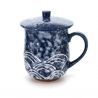 Taza de té tradicional japonesa con tapa, negra y azul, SEIGAIHA