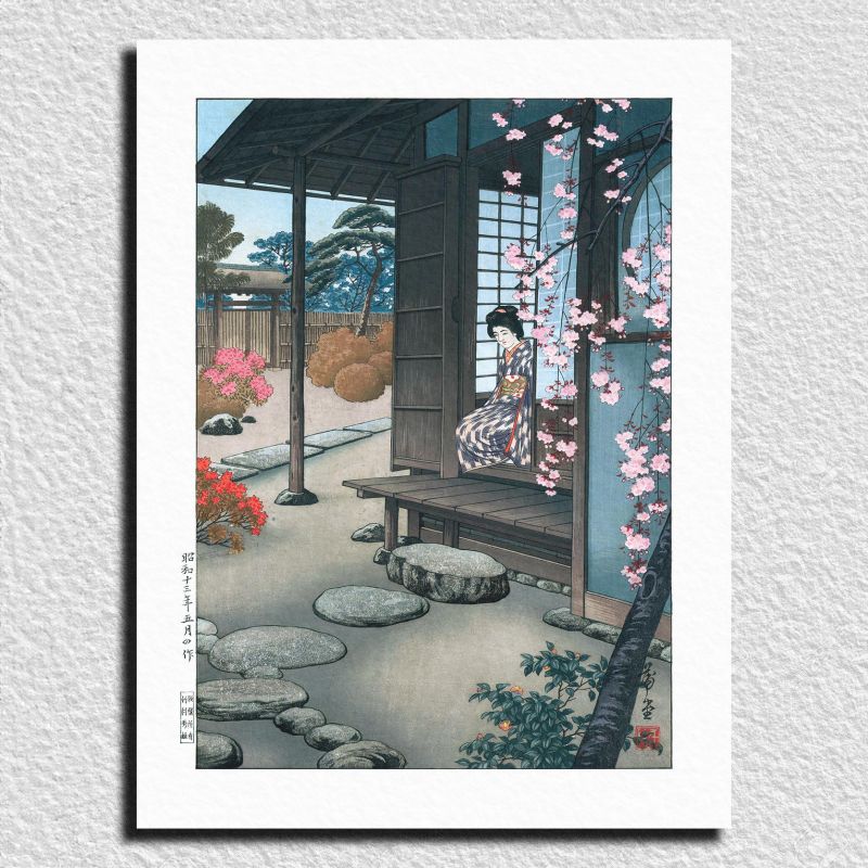 Reproduction of Hodo Nishimura's print Bijin in an Engawa garden in springtime