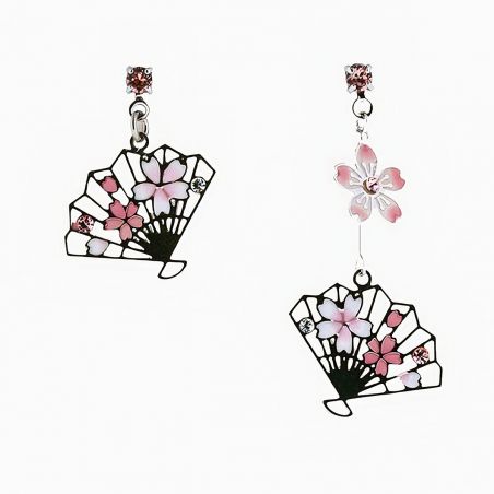 Boucles d'oreilles japonaises- Motif Fleurs de cerisier et éventails