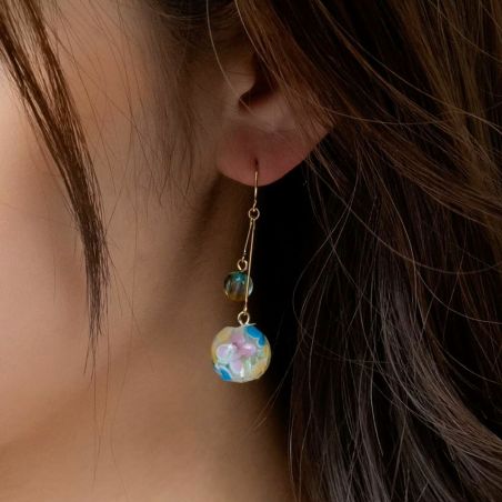 Japanese earrings with dragonfly beads with floral motifs