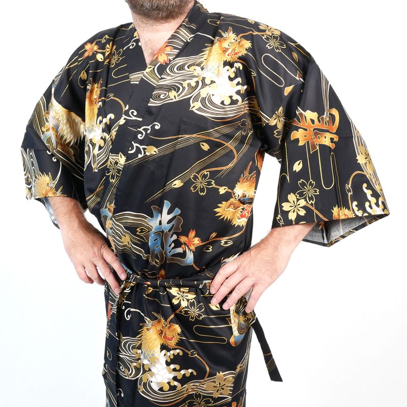 Kimono happi japonais noir avec dragon doré en coton pour homme - DORAGON