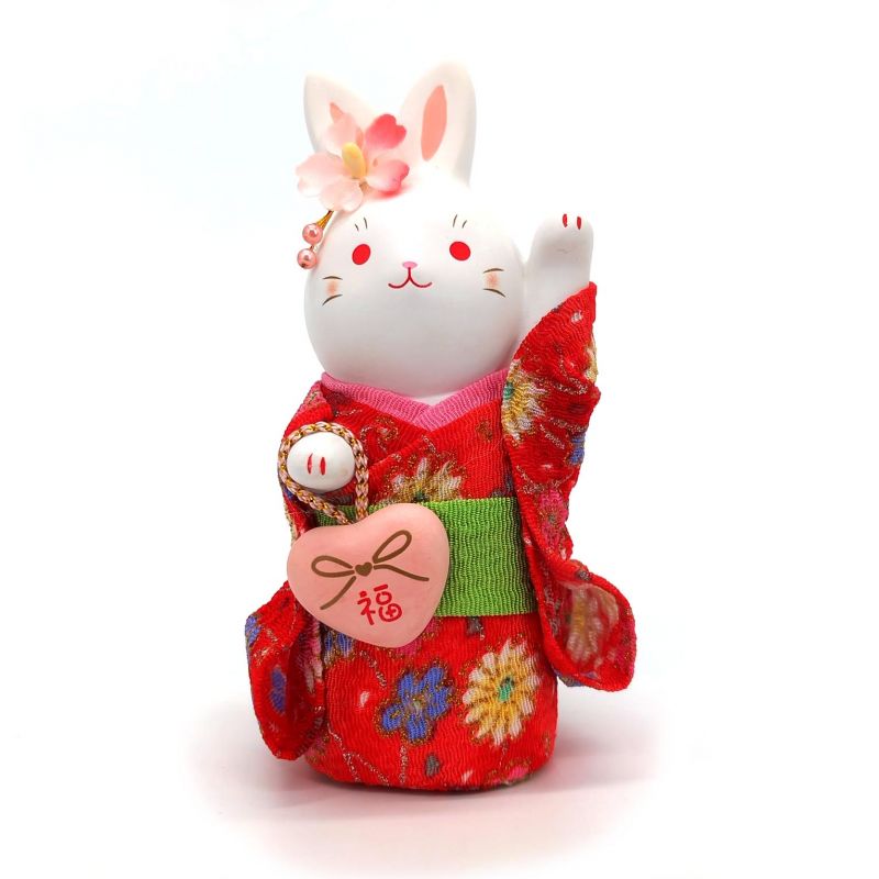 Ceramic white rabbit ornament, RAKKIBANI, red kimono