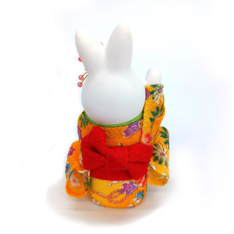 Adorno de conejo de cerámica blanca, RAKKIBANI, kimono amarillo