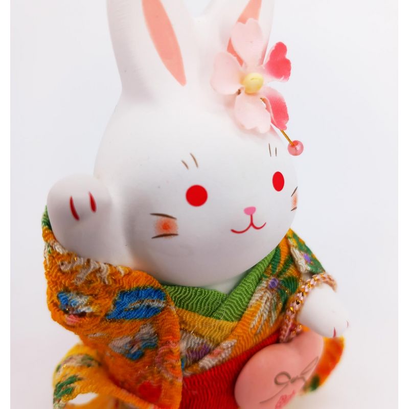 Ceramic white rabbit ornament, RAKKIBANI, yellow kimono