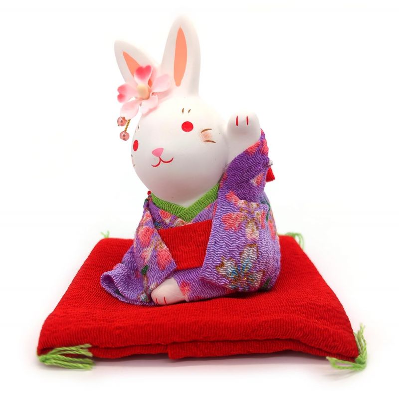 Ornement lapin blanc japonais en céramique en kimono violet- SUWATTE IRU USAGI