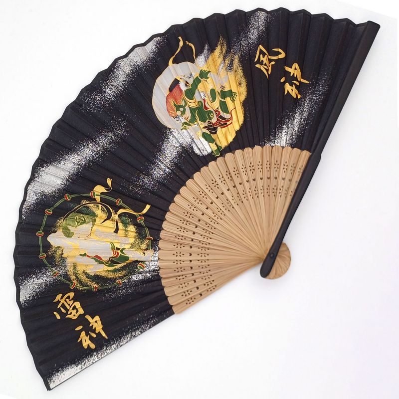 Japanese silk and bamboo fan, FUJIN RAIJIN, black