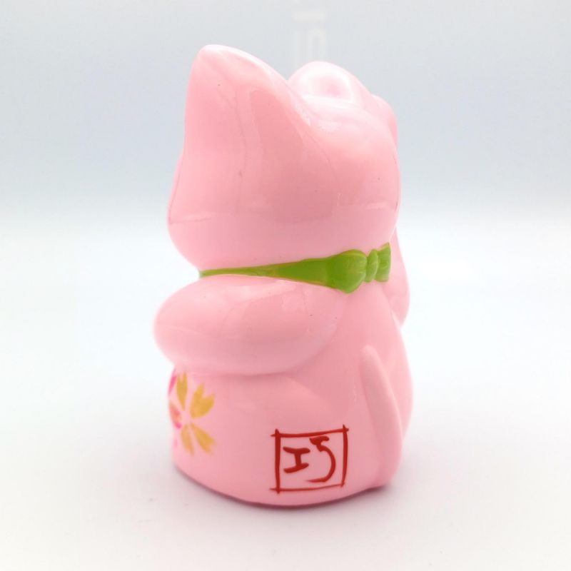 Chat porte-bonheur japonais manekineko, PINKU, rose et vert