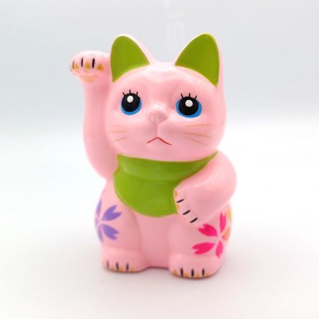 Japanese manekineko lucky cat, PINKU, pink and green