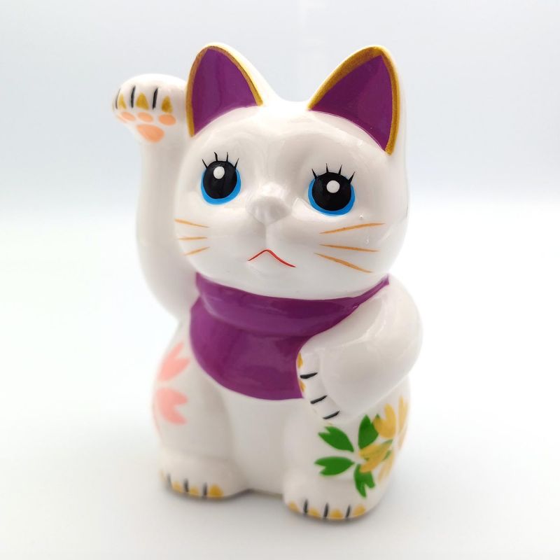 Gato de la suerte japonés manekineko, SHIRO, blanco y morado