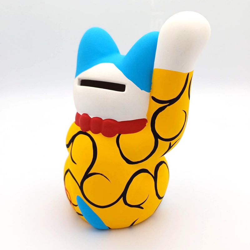 Manekineko japonés grande, gato de la suerte, KI KARAKUSA, amarillo y arabescos