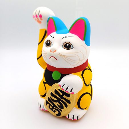 Grand chat porte-bonheur japonais manekineko, KI KARAKUSA, jaune et arabesques