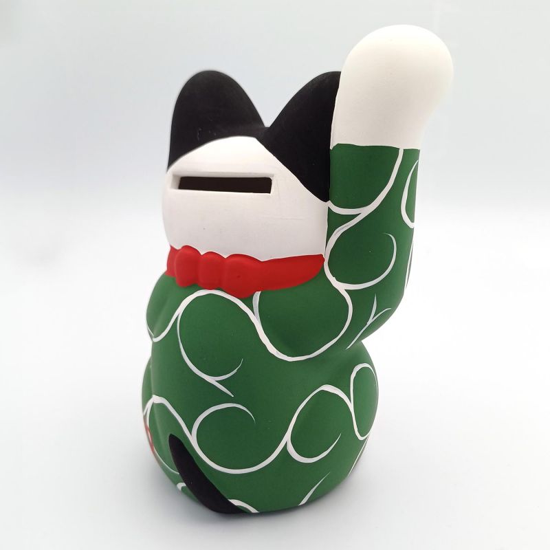 Manekineko japonés grande, gato de la suerte, KI KARAKUSA, verde y arabescos