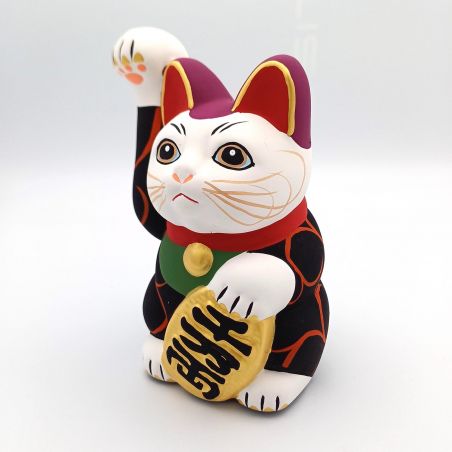 Grand chat porte-bonheur japonais manekineko, KI KARAKUSA, noir et arabesques