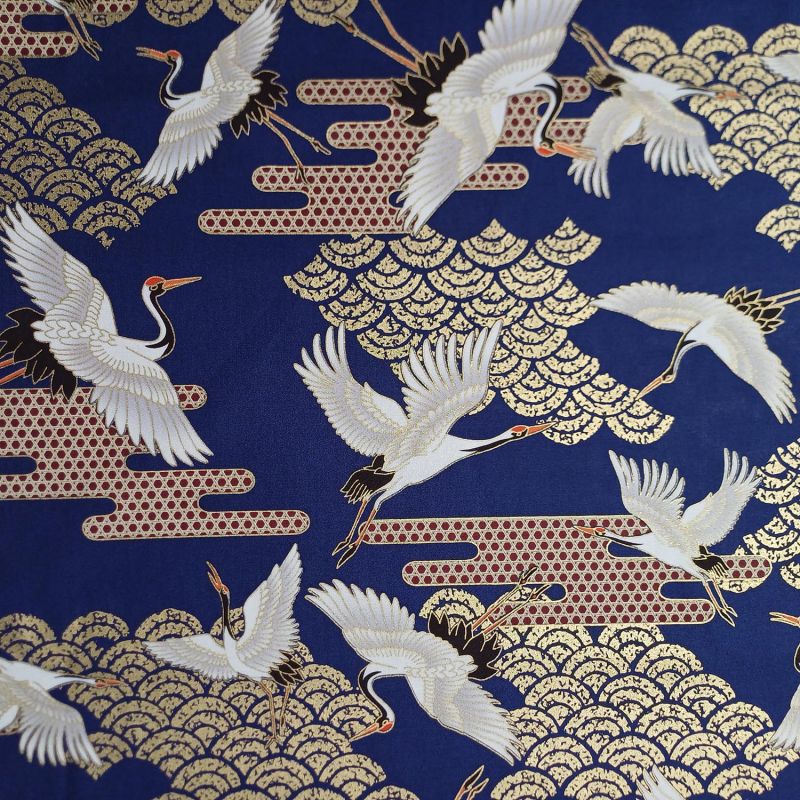 Japanese blue cotton fabric, crane and clouds pattern, TSURU KUMO NAMI, made in Japan width 112 cm x 1m