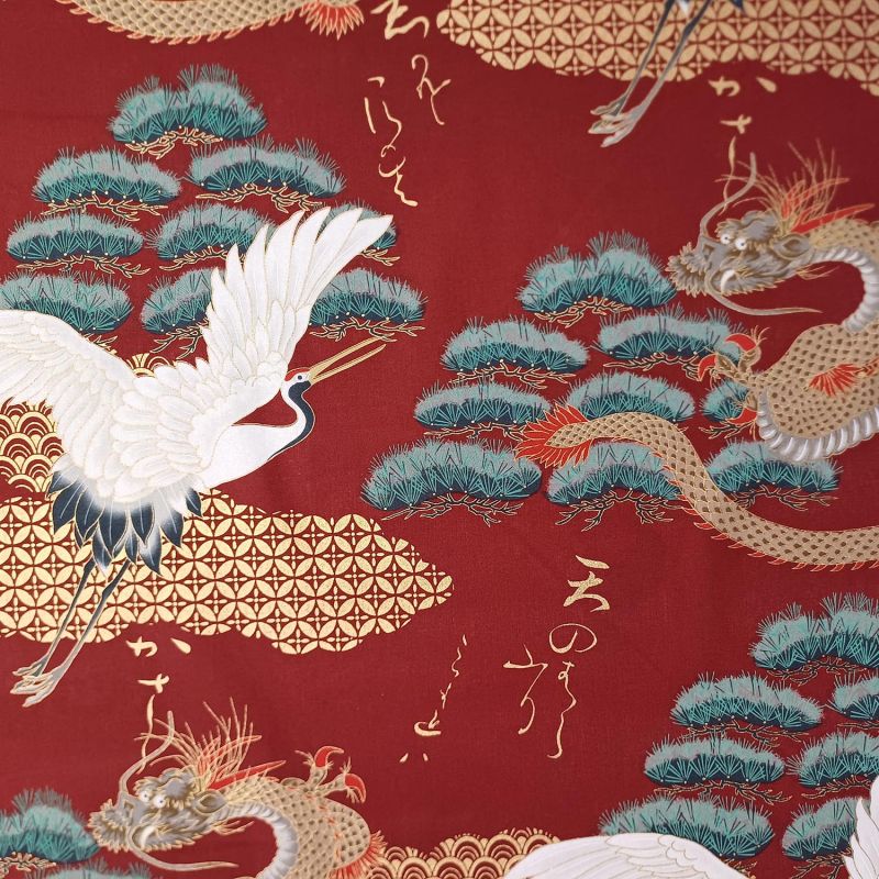 Japanese red/gold cotton fabric, pine and dragon pattern, RYU MATSU, made in Japan width 112 cm x 1m