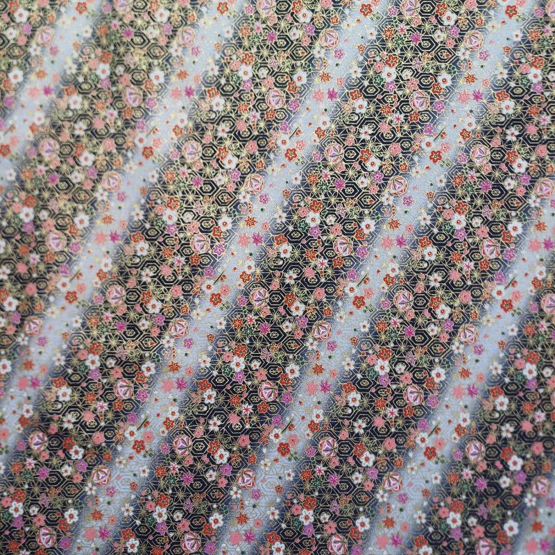 Tissu noir japonais en coton, motif fleurs, HANA, fabriqué au Japon largeur 112 cm x 1m