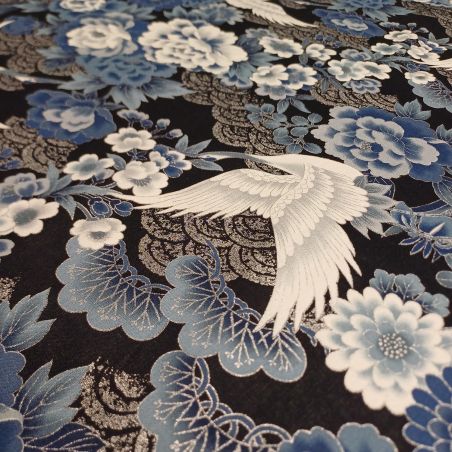 Tissu bleu japonais en coton, motif grue, TSURU HANA MATSU, fabriqué au Japon largeur 112 cm x 1m