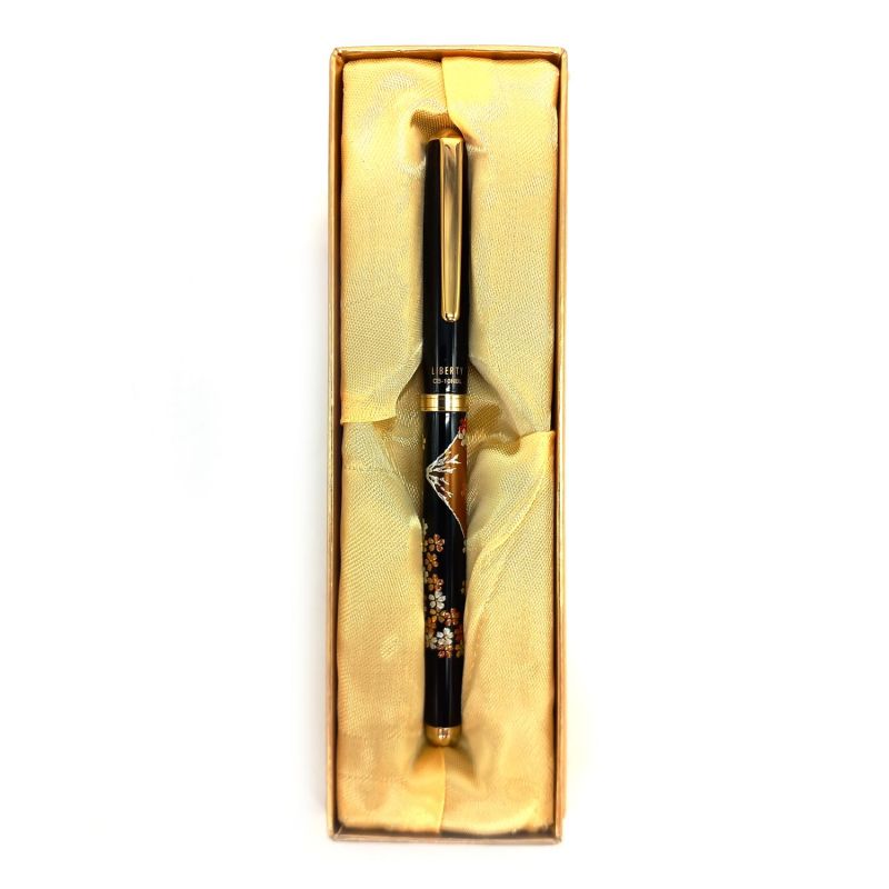 Japanese Black Resin Ballpoint Pen in Plum Blossom and Mount Fuji Pattern Box - UME FUJISAN