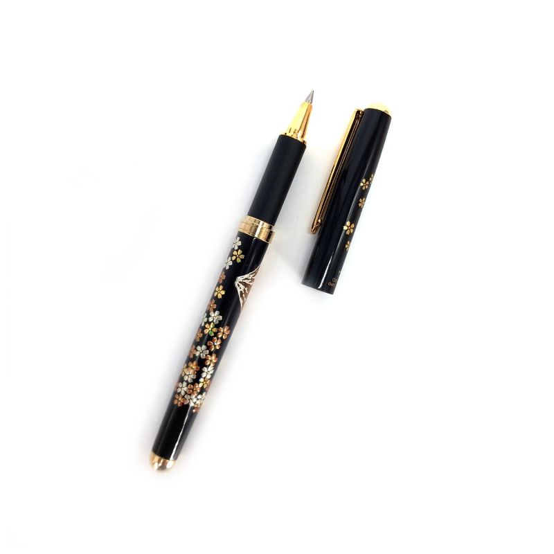 Japanese Black Resin Ballpoint Pen in Plum Blossom and Mount Fuji Pattern Box - UME FUJISAN