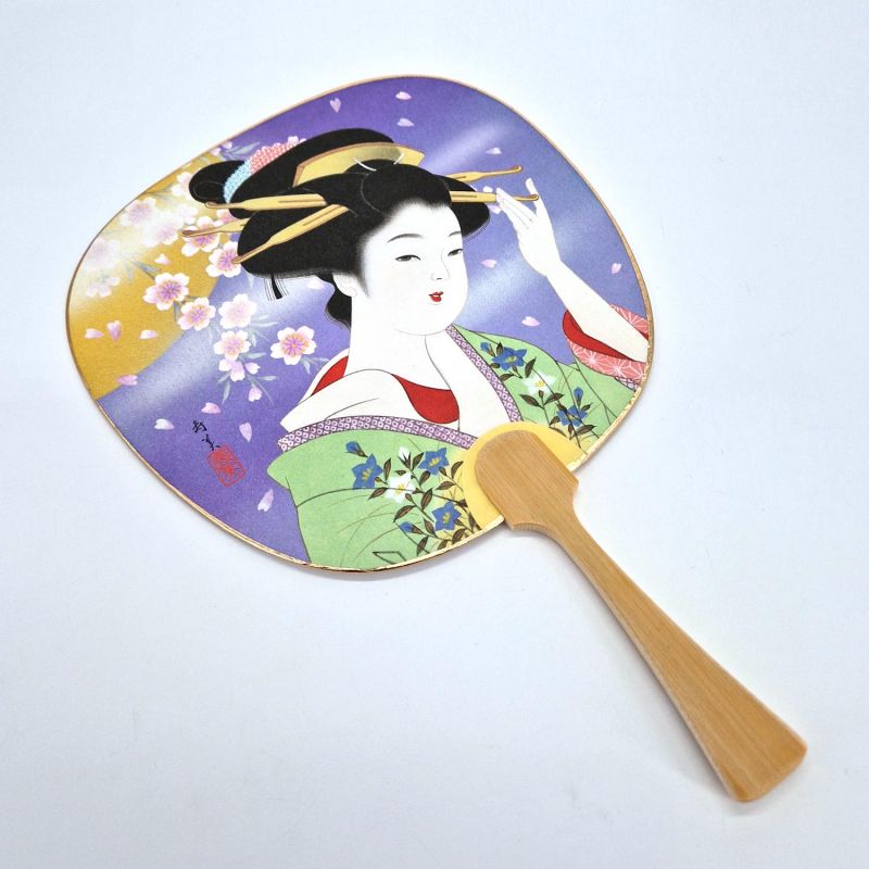 Éventail japonais non pliant uchiwa en papier et bamboo motif Geisha, SUMI, 26cm