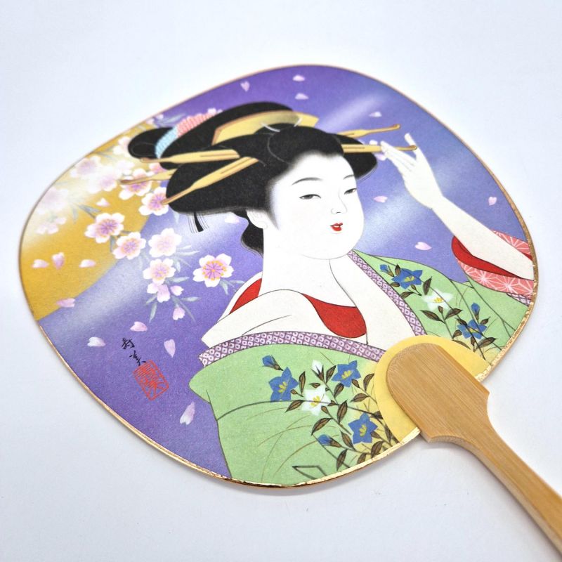 Éventail japonais non pliant uchiwa en papier et bamboo motif Geisha, SUMI, 26cm