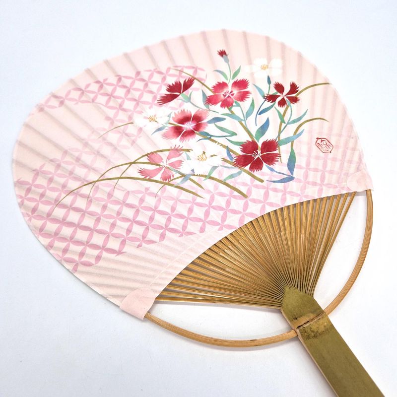 Éventail japonais non pliant uchiwa en papier et bamboo motif fleurs, HANA, 38x24,5 cm