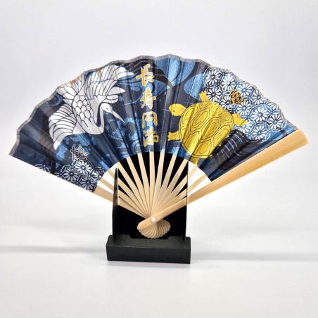 Japanese paper and bamboo decorative fan, crane and turtle